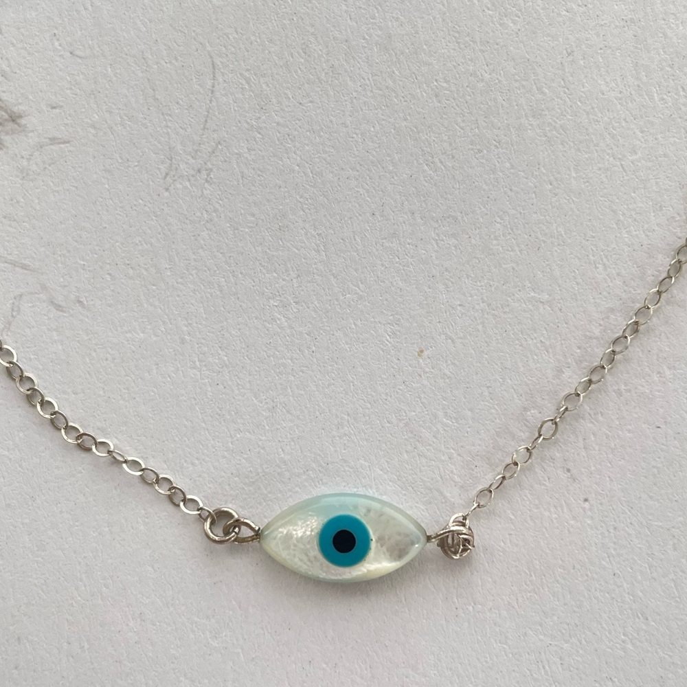 Sterling silver evil eye mother of pearl hamsa layering choker